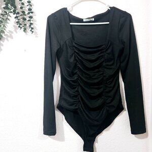 Women's Black Long Sleeve Ruched Front Bodysuit Mangopop Brand Size S